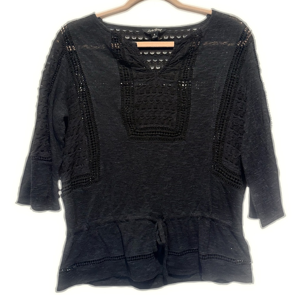 Lucky‎ brand black shear top with drawstring and lace size s crochet lace